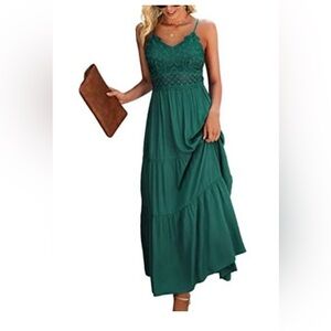 DOKURITU Elegant Green Beach Crochet Lace Maxi Dress Spaghetti Straps L NWT
